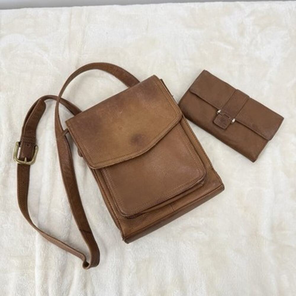 Fossil 75082 Crossbody Bag Wallet Set Whiskey Brown Leather Vintage Y2K Hobo